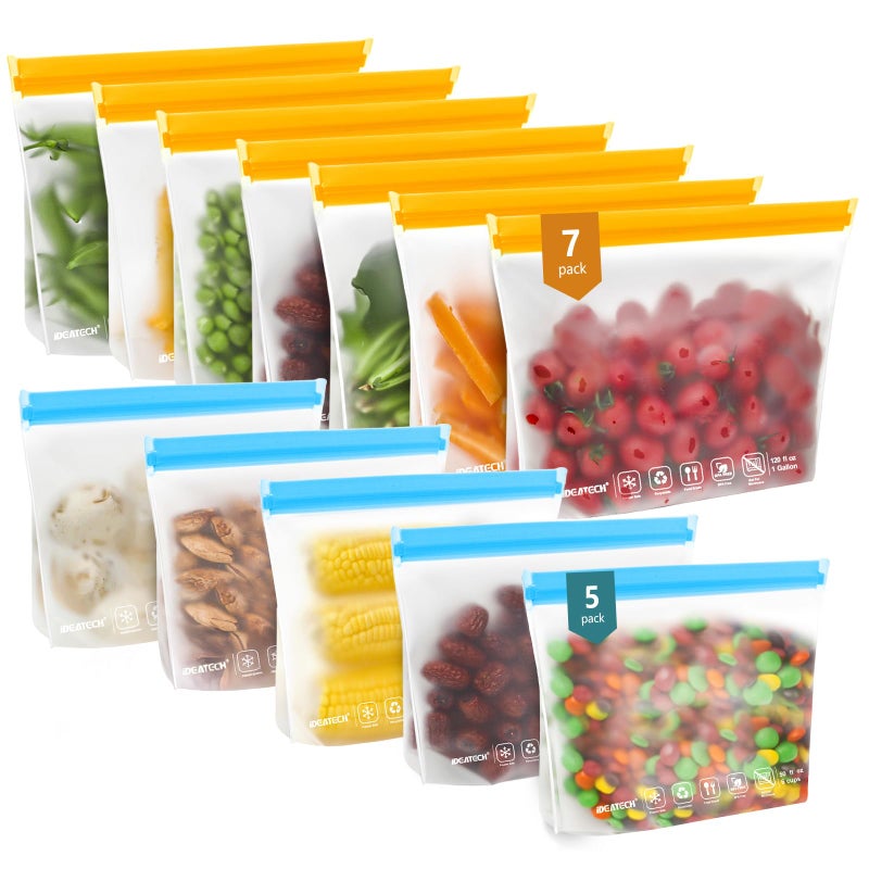 IDEATECH 12Pack Reusable Food Storage Bags Dishwasher Safe,Leakproof Gallon Freezer Bags, BPA Free Quart Sandwich Size Silicone Reusable Baggies for Marinate Meats,Travel(7Gallon 5Quart, Colored) - Image 1