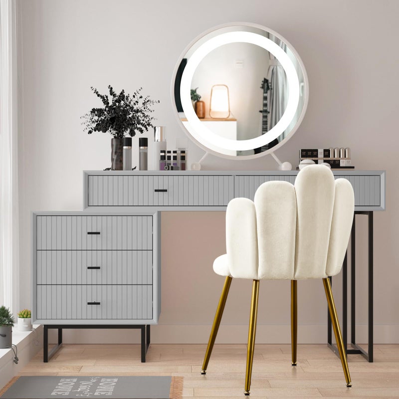 BOWTHY Vanity Chair for Makeup Room - Midcentury Modern Accent Chair for Living Room Bedroom, Makeup Chair with Back Support Velvet Chair with Gold Legs (Cream) - Image 2
