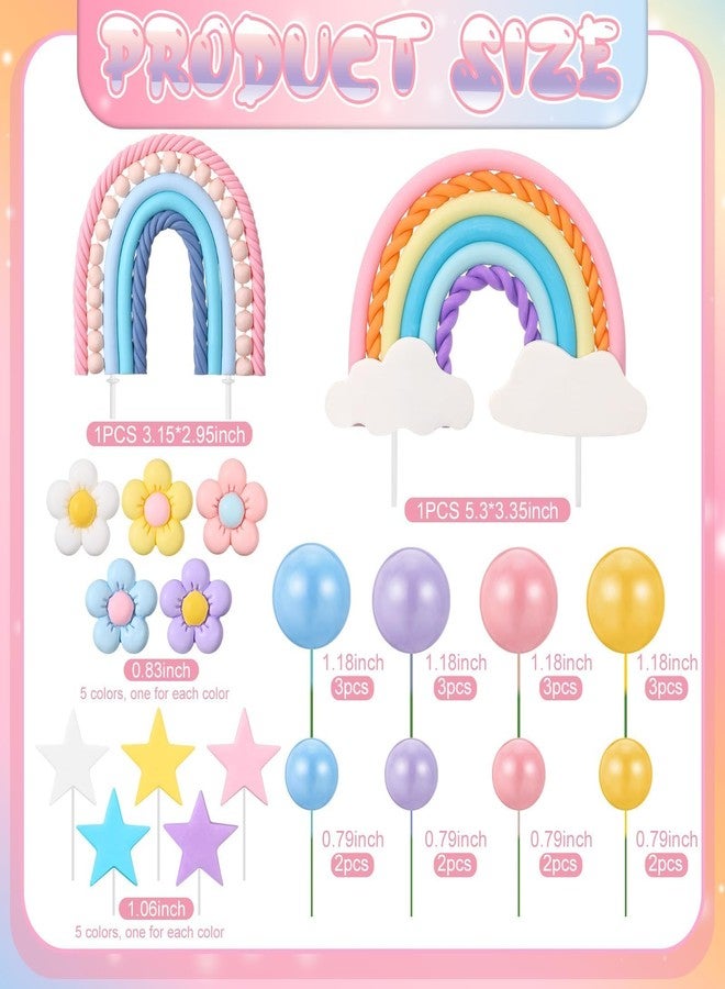 ProSuites 32 Pcs Rainbow Cake Topper with Flower Star Cupcake Toppers Pastel Balls Cake Topper, Boho Groovy Cake Decorations for Birthday Wedding Party - Image 2