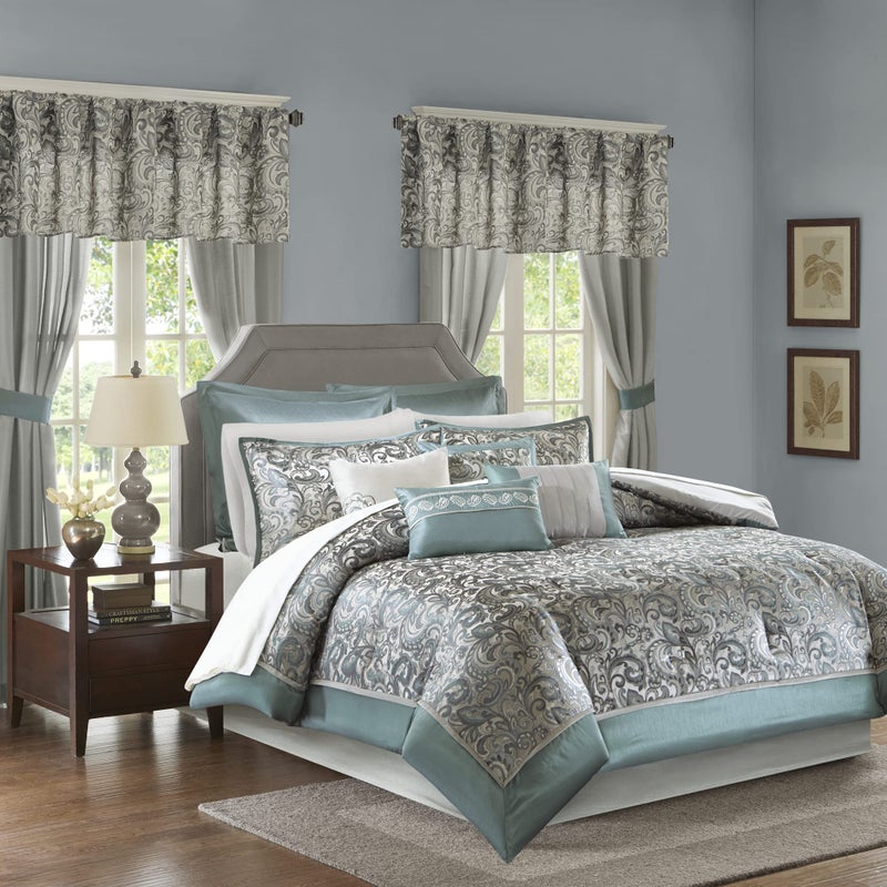 madison park Madison Park Essentials Brystol 24 Piece Room in a Bag Faux Silk Comforter Jacquard Paisley Design Matching Curtains Down Alternative Hypoallergenic All Season BeddingSet King 104 in x 92 in Teal 
