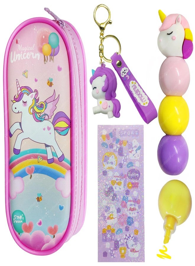 FunBlast Canvas Unicorn Pouches, Unicorn Key Chain, Unicorn Highlighters For Girls, Kawaii Stationary Set For Girls, Aesthetic Stationery Items For School & College Students (Pink) - Image 1