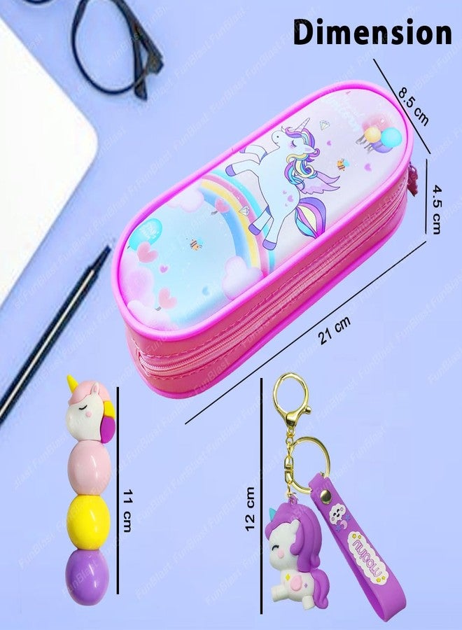 FunBlast Canvas Unicorn Pouches, Unicorn Key Chain, Unicorn Highlighters For Girls, Kawaii Stationary Set For Girls, Aesthetic Stationery Items For School & College Students (Pink) - Image 2