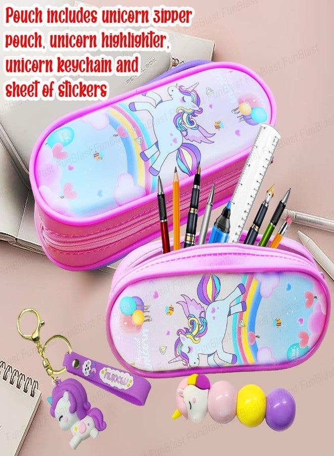 FunBlast Canvas Unicorn Pouches, Unicorn Key Chain, Unicorn Highlighters For Girls, Kawaii Stationary Set For Girls, Aesthetic Stationery Items For School & College Students (Pink) - Image 3