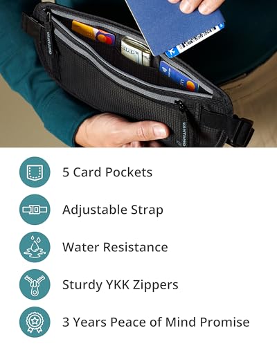 Vantamo Hidden Money Belt For Extra Safety, RFID Protected Ultra-Thin Fanny Pack, 2 Compartment Money Bag Fits Passport & Phone with Case to Protect Valuables, Black Fanny Pack for Traveling & Hiking - Image 5