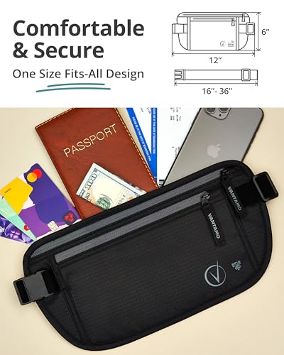 Vantamo Hidden Money Belt For Extra Safety, RFID Protected Ultra-Thin Fanny Pack, 2 Compartment Money Bag Fits Passport & Phone with Case to Protect Valuables, Black Fanny Pack for Traveling & Hiking - Image 4