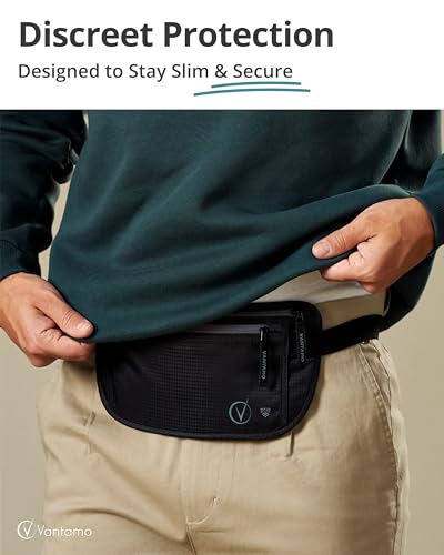 Vantamo Hidden Money Belt For Extra Safety, RFID Protected Ultra-Thin Fanny Pack, 2 Compartment Money Bag Fits Passport & Phone with Case to Protect Valuables, Black Fanny Pack for Traveling & Hiking - Image 2