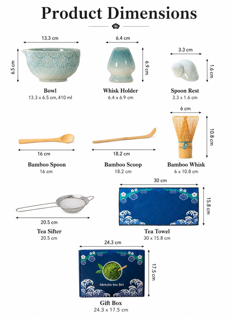 8Pcs Blue Matcha Green Tea Kit, Ceramic Bowl with Spout, Bamboo Whisk Matcha Tools & Scoop, Holder, Stainless Steel Sifter, Spoon, Towel, Japanese Traditional Ceremony Set, Gift Box - Image 2
