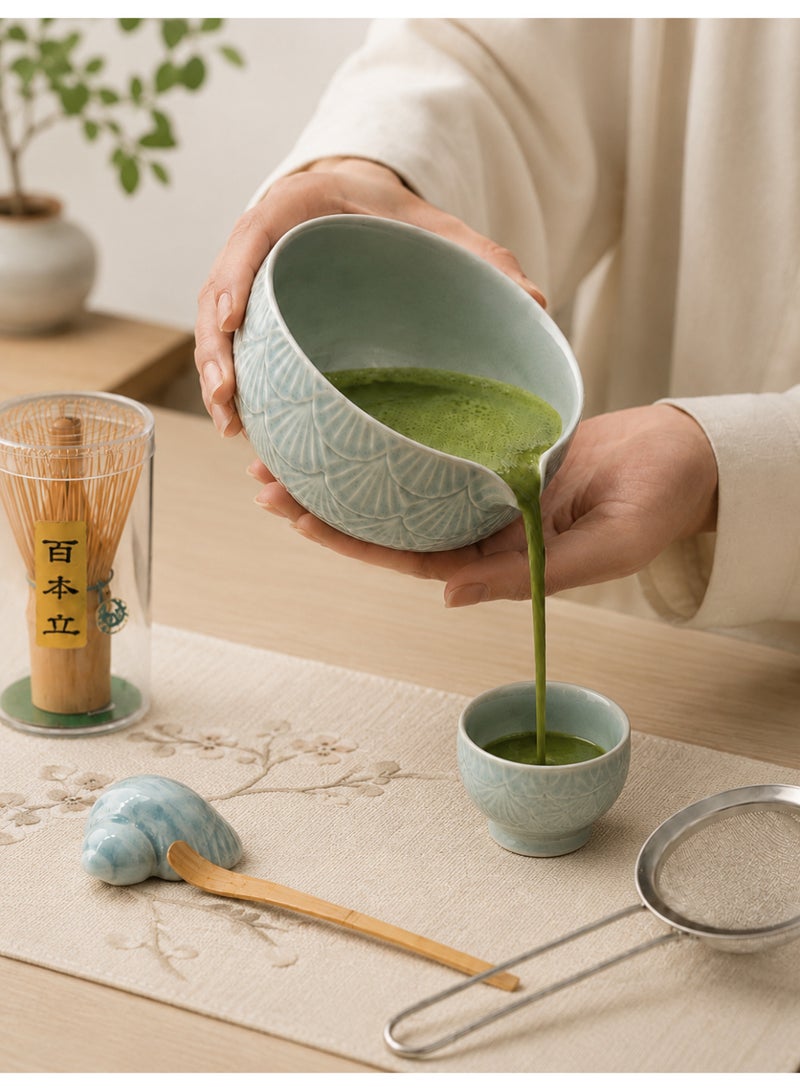 8Pcs Blue Matcha Green Tea Kit, Ceramic Bowl with Spout, Bamboo Whisk Matcha Tools & Scoop, Holder, Stainless Steel Sifter, Spoon, Towel, Japanese Traditional Ceremony Set, Gift Box - Image 3