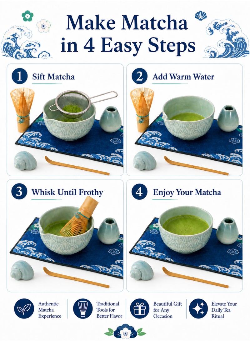 8Pcs Blue Matcha Green Tea Kit, Ceramic Bowl with Spout, Bamboo Whisk Matcha Tools & Scoop, Holder, Stainless Steel Sifter, Spoon, Towel, Japanese Traditional Ceremony Set, Gift Box - Image 4