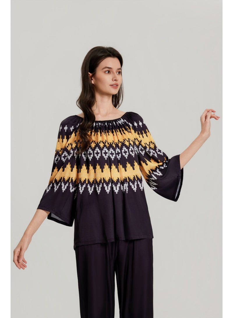 MASHUCK Luxury Slip-On Wide Sleeve Pajama Set - Silky Satin Buttonless Sleepwear - Printed 2-Piece Lounge Suit for Women - Image 1