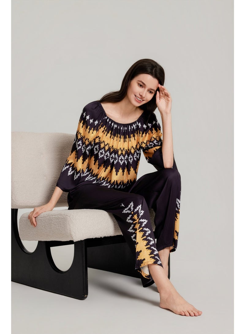MASHUCK Luxury Slip-On Wide Sleeve Pajama Set - Silky Satin Buttonless Sleepwear - Printed 2-Piece Lounge Suit for Women - Image 5