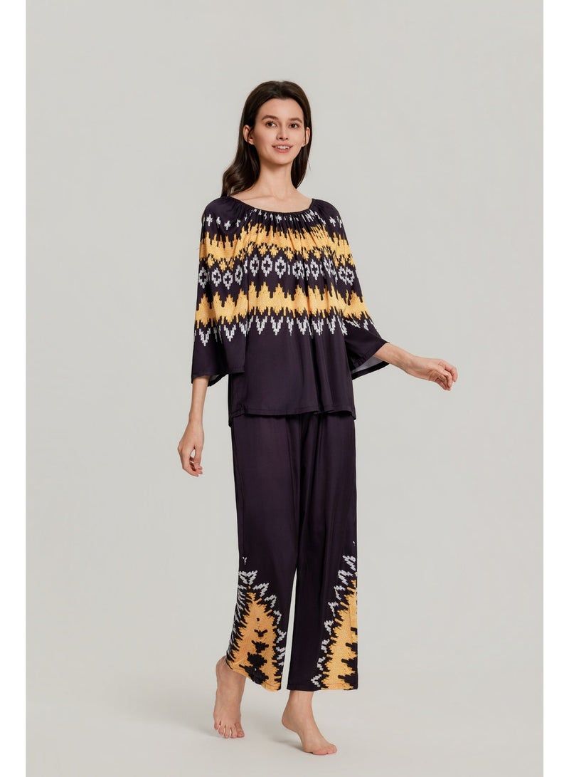 MASHUCK Luxury Slip-On Wide Sleeve Pajama Set - Silky Satin Buttonless Sleepwear - Printed 2-Piece Lounge Suit for Women - Image 3