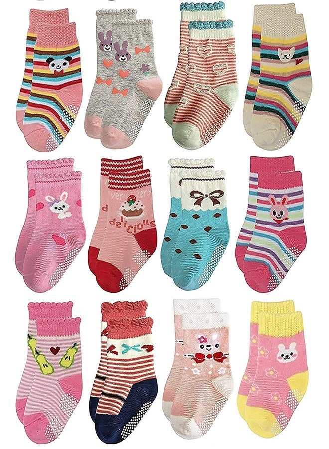 Kidbee Baby Girl's Organic Cotton Anti Skid Grip Socks (2-3 Years, 12 Pairs) - Image 1