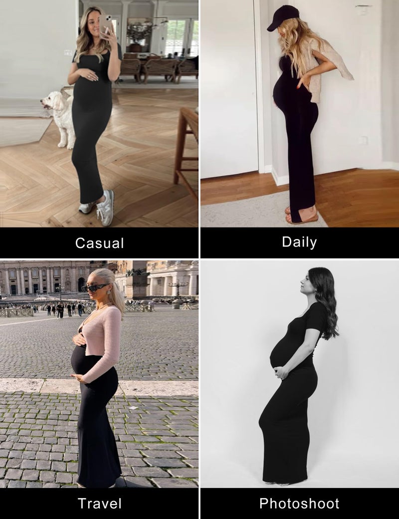 Peauty Casual Maternity Maxi Dress Elegant Black Bodycon Dresses Baby Bump Photoshoot, Pregnancy Dresses Pregnancy Outfits for Women Summer Maternity Dress(Black L) - Image 2
