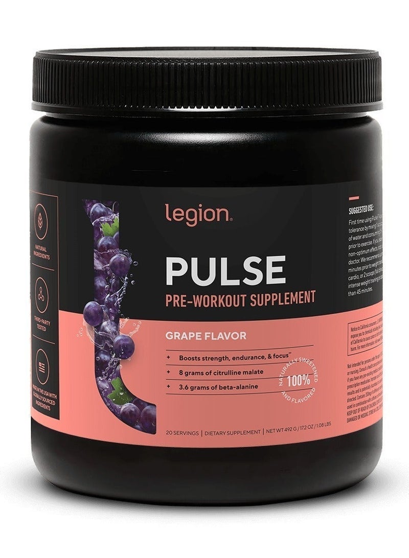 Legion Athletics Pulse Pre Workout For Boosts Strength, Endurance & Focus, with 8g of Citrulline Malate, 3.6 g of Beta-Alanine, 20 Servings 492 grams/17.2Oz/1.08Lbs- grape Flavor - Image 1