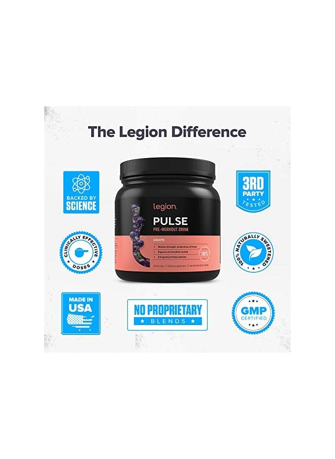 Legion Athletics - Pulse Pre Workout For Boosts Strength, Endurance & Focus, with 8g of Citrulline Malate, 3.6 g of Beta-Alanine, 20 Servings 492 grams/17.2Oz/1.08Lbs- grape Flavor - Image 1