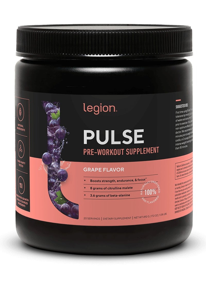 Legion Athletics - Pulse Pre Workout For Boosts Strength, Endurance & Focus, with 8g of Citrulline Malate, 3.6 g of Beta-Alanine, 20 Servings 492 grams/17.2Oz/1.08Lbs- grape Flavor - Image 1
