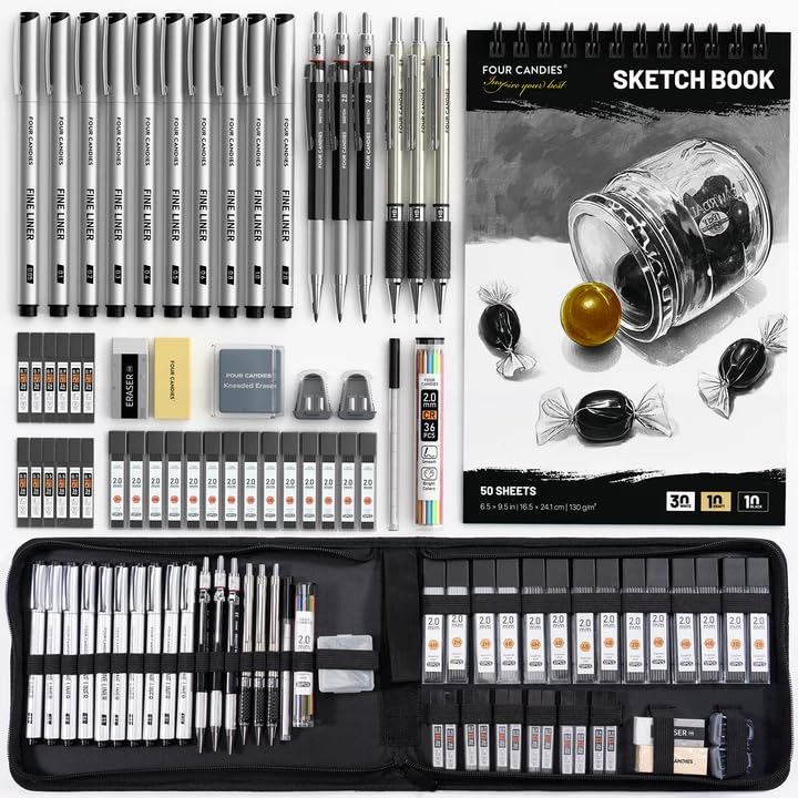 Four Candies 52pcs Art Supplies Sketching & Drawing Kit with 10 Micron Fineliner Pens, 6 Drafting Mechanical Pencils,3-Color Sketchbook,27 Lead Refills,School Supplies Gifts for Beginners Adults Teens - Image 1