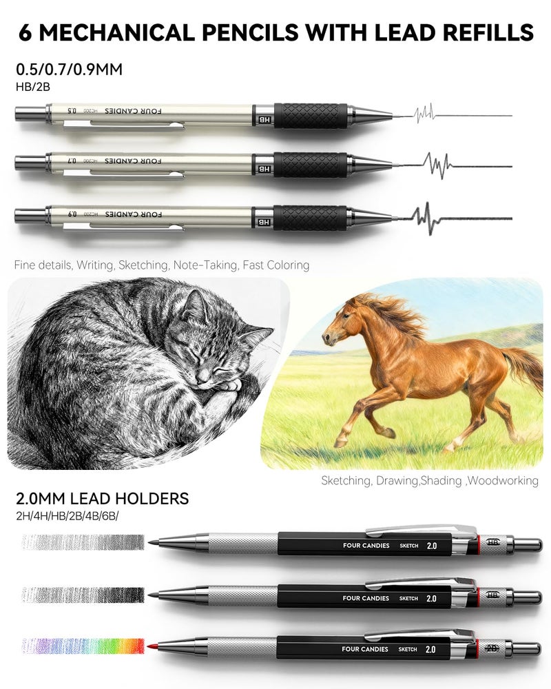 Four Candies 52pcs Art Supplies Sketching & Drawing Kit with 10 Micron Fineliner Pens, 6 Drafting Mechanical Pencils,3-Color Sketchbook,27 Lead Refills,School Supplies Gifts for Beginners Adults Teens - Image 3