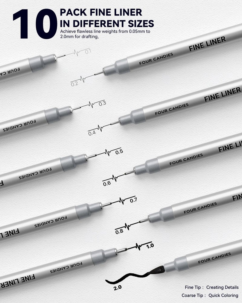 Four Candies 52pcs Art Supplies Sketching & Drawing Kit with 10 Micron Fineliner Pens, 6 Drafting Mechanical Pencils,3-Color Sketchbook,27 Lead Refills,School Supplies Gifts for Beginners Adults Teens - Image 2