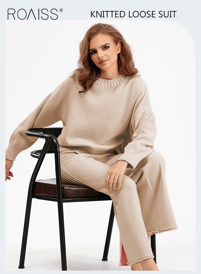 roaiss Women's Oversized Loose Suit Knitted Sweater Outfits 2 Piece Casual Set Solid Color Long Sleeve Wide Leg Pants  - Image 5