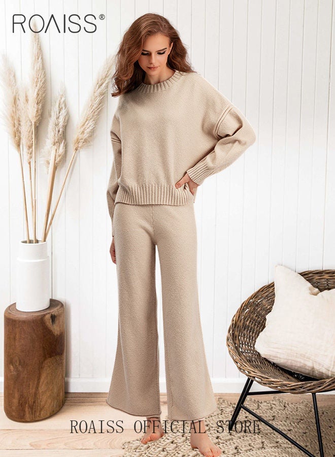 roaiss Women's Oversized Loose Suit Knitted Sweater Outfits 2 Piece Casual Set Solid Color Long Sleeve Wide Leg Pants  - Image 3