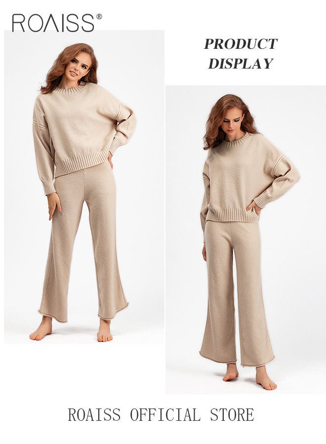 roaiss Women's Oversized Loose Suit Knitted Sweater Outfits 2 Piece Casual Set Solid Color Long Sleeve Wide Leg Pants  - Image 4