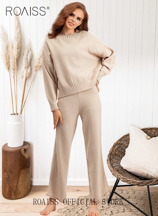 roaiss Women's Oversized Loose Suit Knitted Sweater Outfits 2 Piece Casual Set Solid Color Long Sleeve Wide Leg Pants  - Image 1