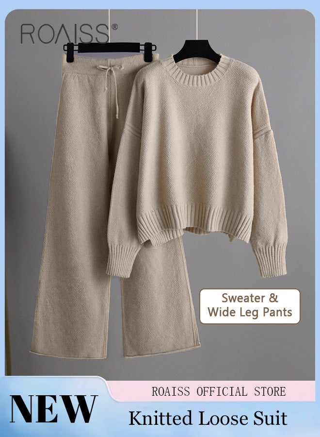 roaiss Women's Oversized Loose Suit Knitted Sweater Outfits 2 Piece Casual Set Solid Color Long Sleeve Wide Leg Pants  - Image 2