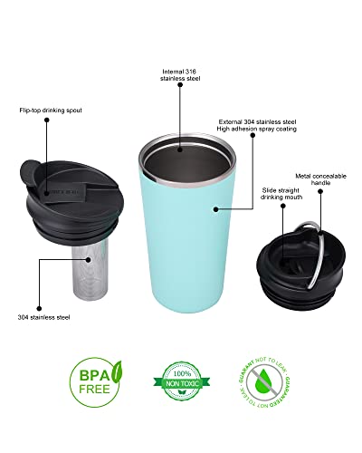 GiNT 17oz Travel Tea Mug with Infuser, 2 Lids. Vacuum Insulated 316 Stainless Steel Coffee Mug. Dishwasher Safe Tea Cup with Strainer for Hot & Cold Brew Coffee. Mothers Day Gifts for Mom (Green) - Image 2