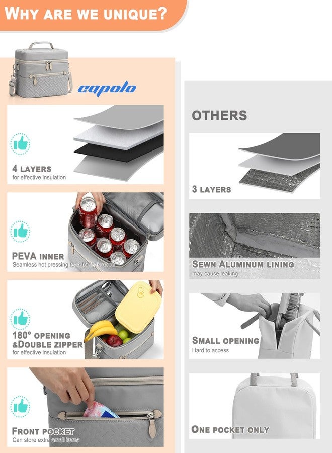 Capolo Lunch Box for Women Men Adults,Insulated Lunch Bag Leakproof Lunch Cooler Box with Removable Strap Cute Lunch Tote Bags Reusable Thermal Lunchbox for Work Picnic(Small,Grey) - Image 3