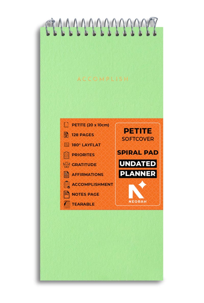 NEORAH—PETITE Daily To Do List Pad | 128 Pages | 20.0 x 10.0 cm | Daily + Hourly Split + Notes page | Durable Metal Spiral Desk Notepad + tear off sheets |Journal, Office Work Planner (LIGHT GREEN) - Image 1