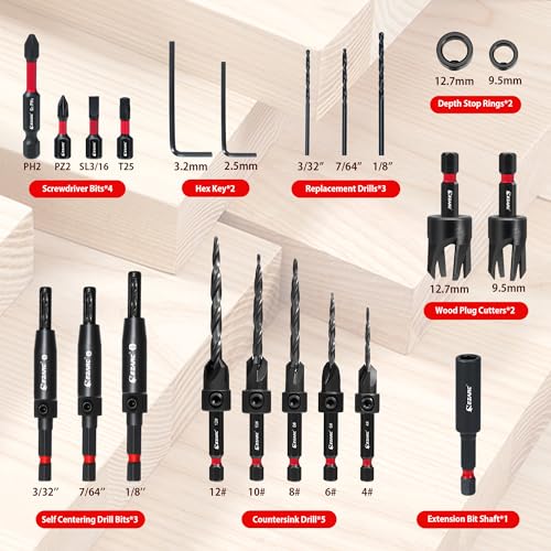 EZARC Countersink Drill Bit Set 22PCS Counter Sink Drill Bit for Wood with Self Centering Drill Bits Wood Plug CuttersScrewdriver Bits Magnetic Extension Bit Holder 14 Hex Shank Storage Box - Image 3