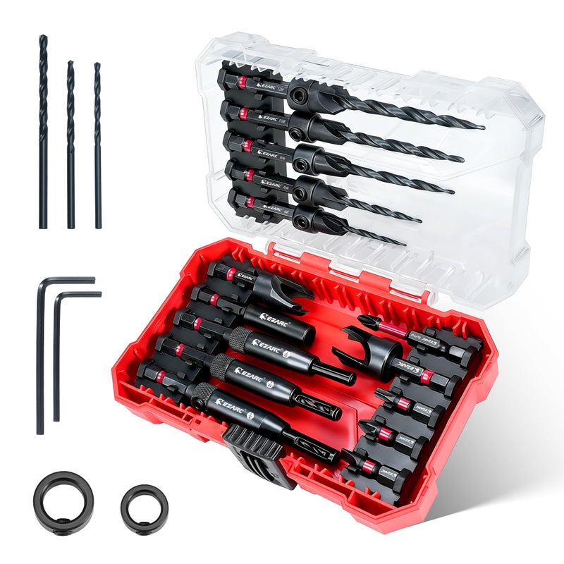 EZARC Countersink Drill Bit Set 22PCS Counter Sink Drill Bit for Wood with Self Centering Drill Bits Wood Plug CuttersScrewdriver Bits Magnetic Extension Bit Holder 14 Hex Shank Storage Box - Image 2