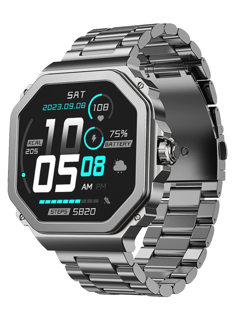 GRABIT G-TRAX Smartwatch AMOLED Display & Bluetooth Calling features a 1.43” Super AMOLED display, Bluetooth calling, SOS calling, and AI voice assistant. With heart rate monitoring, sports modes, and 150+ watch faces, it’s perfect for fitness and daily use. A 400mAh battery offers 30-day standby, and the IP68 zinc alloy body ensures durability. Compatible with iPhone, Samsung, OnePlus, Xiaomi, Huawei, Google Pixel, and more. It comes in Metal Black with an extra stainless-steel strap.  - Image 1