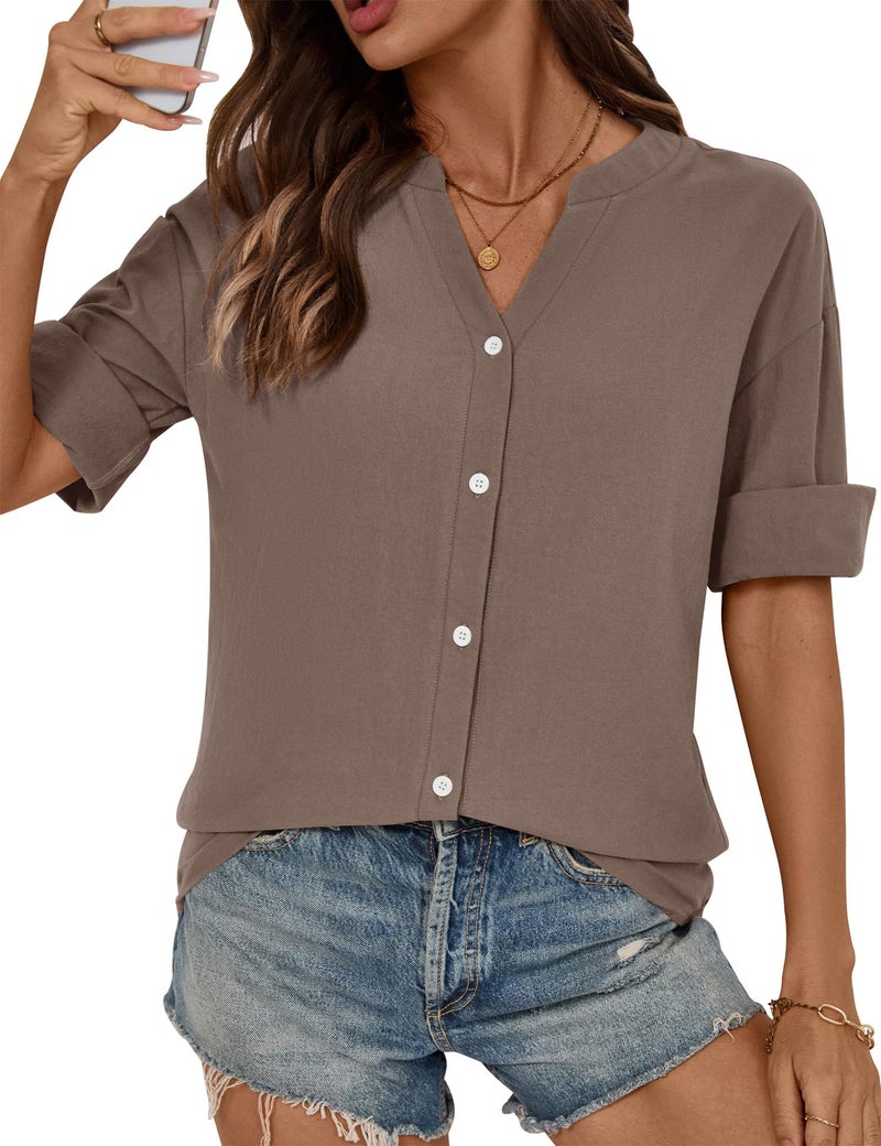 LOMON 3/4 Length Sleeve Womens Tops V Neck Cotton Button Down Shirts Casual Loose Roll Up Sleeve Blouse Dark Grey Brown XL - Image 4