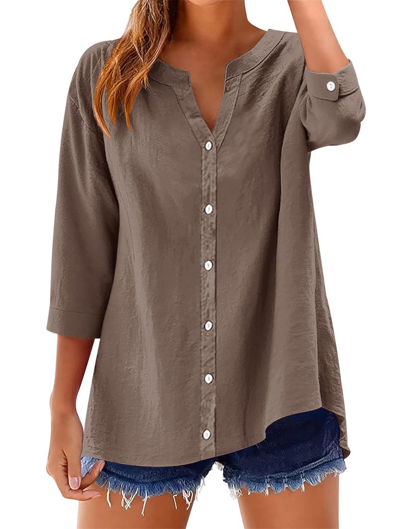 LOMON 3/4 Length Sleeve Womens Tops V Neck Cotton Button Down Shirts Casual Loose Roll Up Sleeve Blouse Dark Grey Brown XL - Image 1