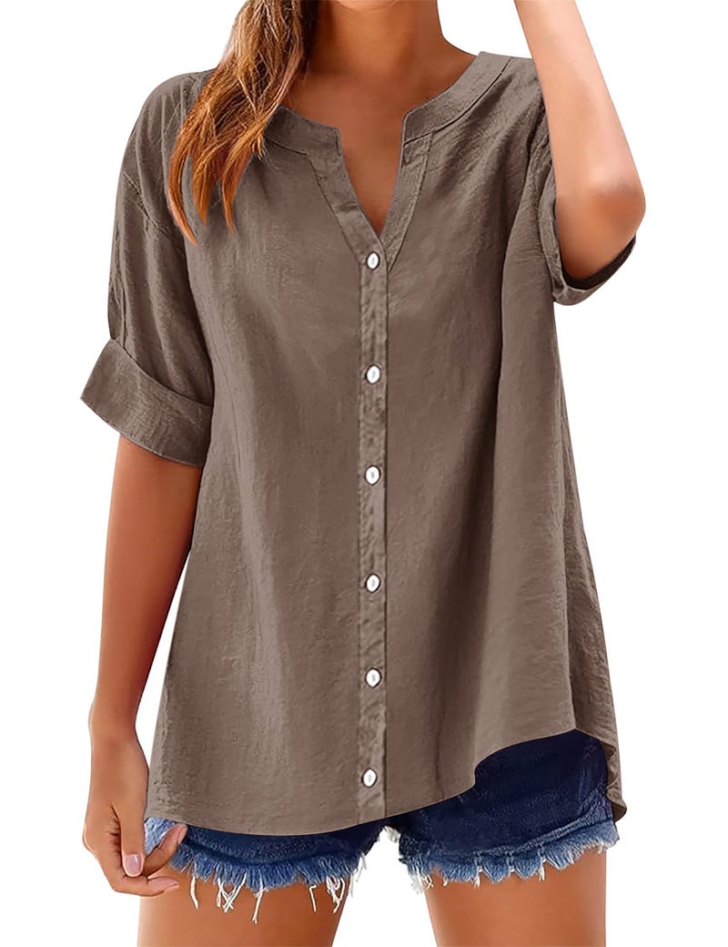 LOMON 3/4 Length Sleeve Womens Tops V Neck Cotton Button Down Shirts Casual Loose Roll Up Sleeve Blouse Dark Grey Brown XL - Image 2