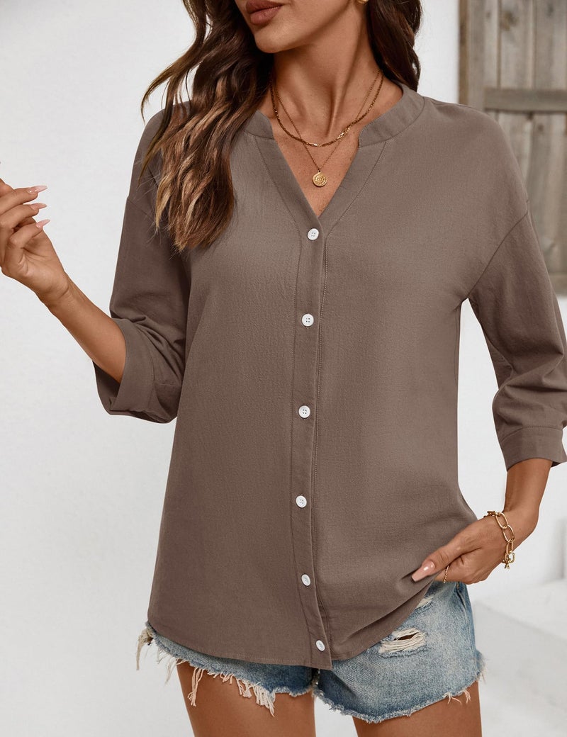 LOMON 3/4 Length Sleeve Womens Tops V Neck Cotton Button Down Shirts Casual Loose Roll Up Sleeve Blouse Dark Grey Brown XL - Image 5