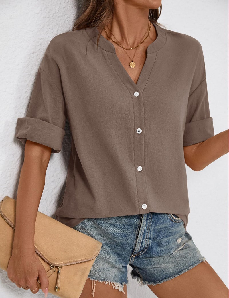 LOMON 3/4 Length Sleeve Womens Tops V Neck Cotton Button Down Shirts Casual Loose Roll Up Sleeve Blouse Dark Grey Brown XL - Image 3