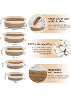 Hihonor Ellipse Storage Basket 5-piece Set,Natural Cotton Rope Woven Baskets for Organizing Small Basket Bins Storage,Dog Toy Baskets with Handle,Cat Toy Box,Bathroom Organization Bin(Brown)  - Image 2
