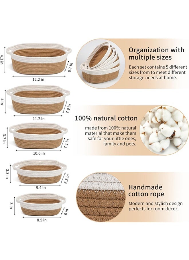 Hihonor - Ellipse Storage Basket 5-piece Set,Natural Cotton Rope Woven Baskets for Organizing Small Basket Bins Storage,Dog Toy Baskets with Handle,Cat Toy Box,Bathroom Organization Bin(Brown) - Image 1