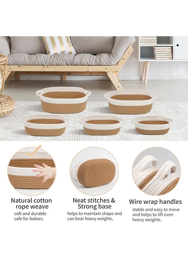 Hihonor - Ellipse Storage Basket 5-piece Set,Natural Cotton Rope Woven Baskets for Organizing Small Basket Bins Storage,Dog Toy Baskets with Handle,Cat Toy Box,Bathroom Organization Bin(Brown) - Image 1