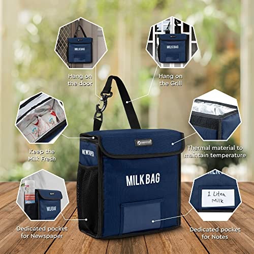 Shopoflux Milk Bag For Door Hanging | Insulated And Waterproof Door Hanging Bag For Milk Sachets And Bottles Storage With Pocket For Notes And News Paper (Blue) - Fold Top, 24.13 Cm, 25.4 Cm - Image 2
