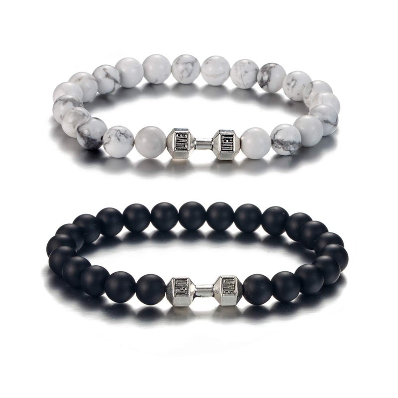 Softones Black Charm Dumbbell Bracelets for Men Women Natural Stone Dumbbell Beads Bracelets Set Gifts - Image 1