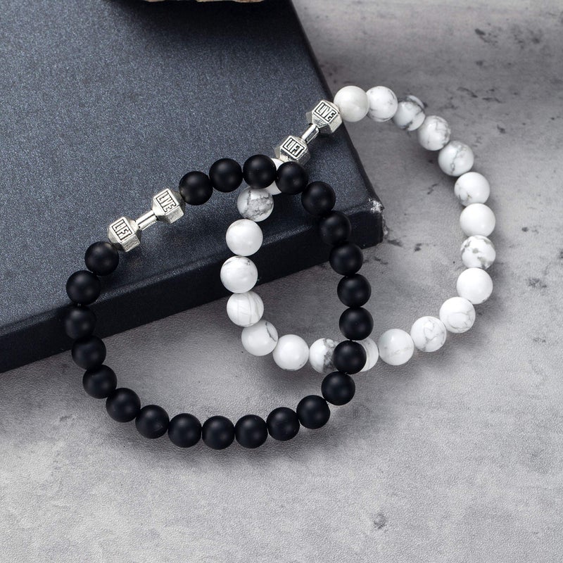 Softones Black Charm Dumbbell Bracelets for Men Women Natural Stone Dumbbell Beads Bracelets Set Gifts - Image 4
