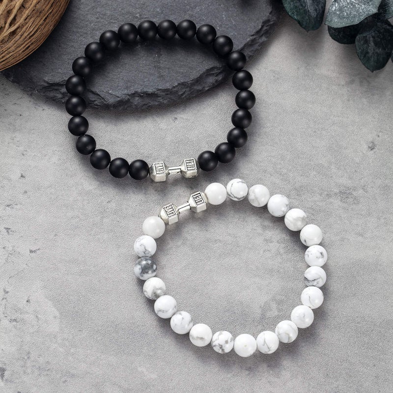 Softones Black Charm Dumbbell Bracelets for Men Women Natural Stone Dumbbell Beads Bracelets Set Gifts - Image 3