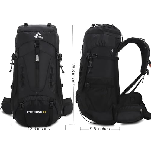Bseash 60L Hiking Camping Backpack with Rain Cover, Waterproof Large Capacity Outdoor Sport Travel Daypack Climbing Touring (Black) - Image 2
