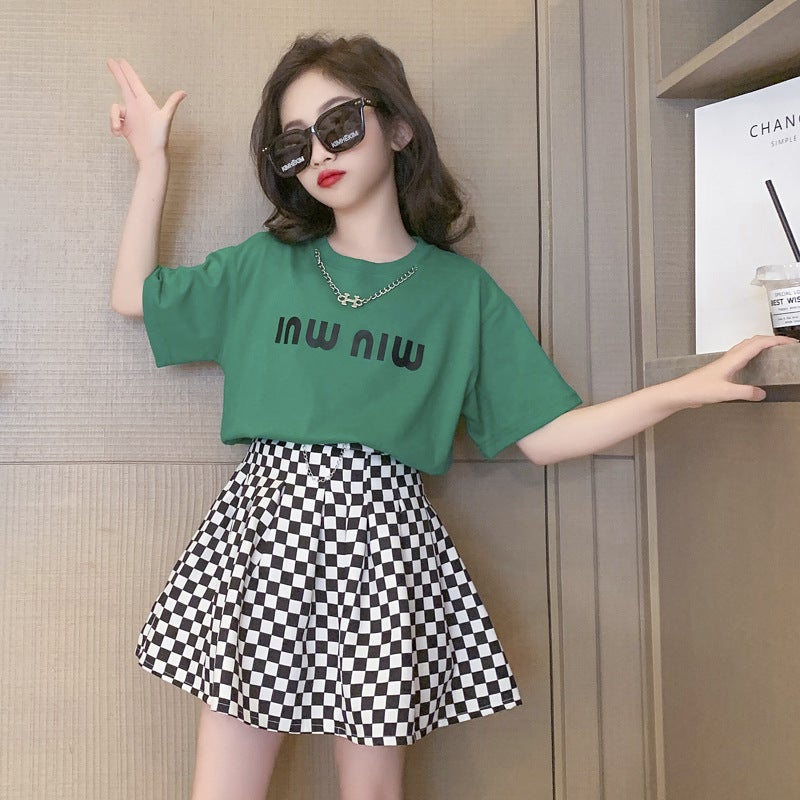 Girls Summer Casual Dress Set Korean T-shirt Checkered Skirt Pink - Image 4