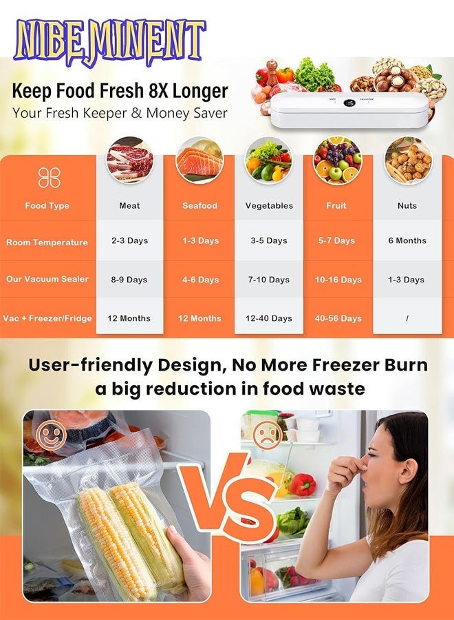 NIBEMINENT Vacuum Sealer Machine, Bag Sealer - Intuitive Digital Display, Automatic Air Sealing for Wet & Dry Foods - Space-Saving Design with 10 Bags Included, Portable Food Sealer for Plastic Bags, - Perfect for Food Storage, Kitchen Supplies - Image 5